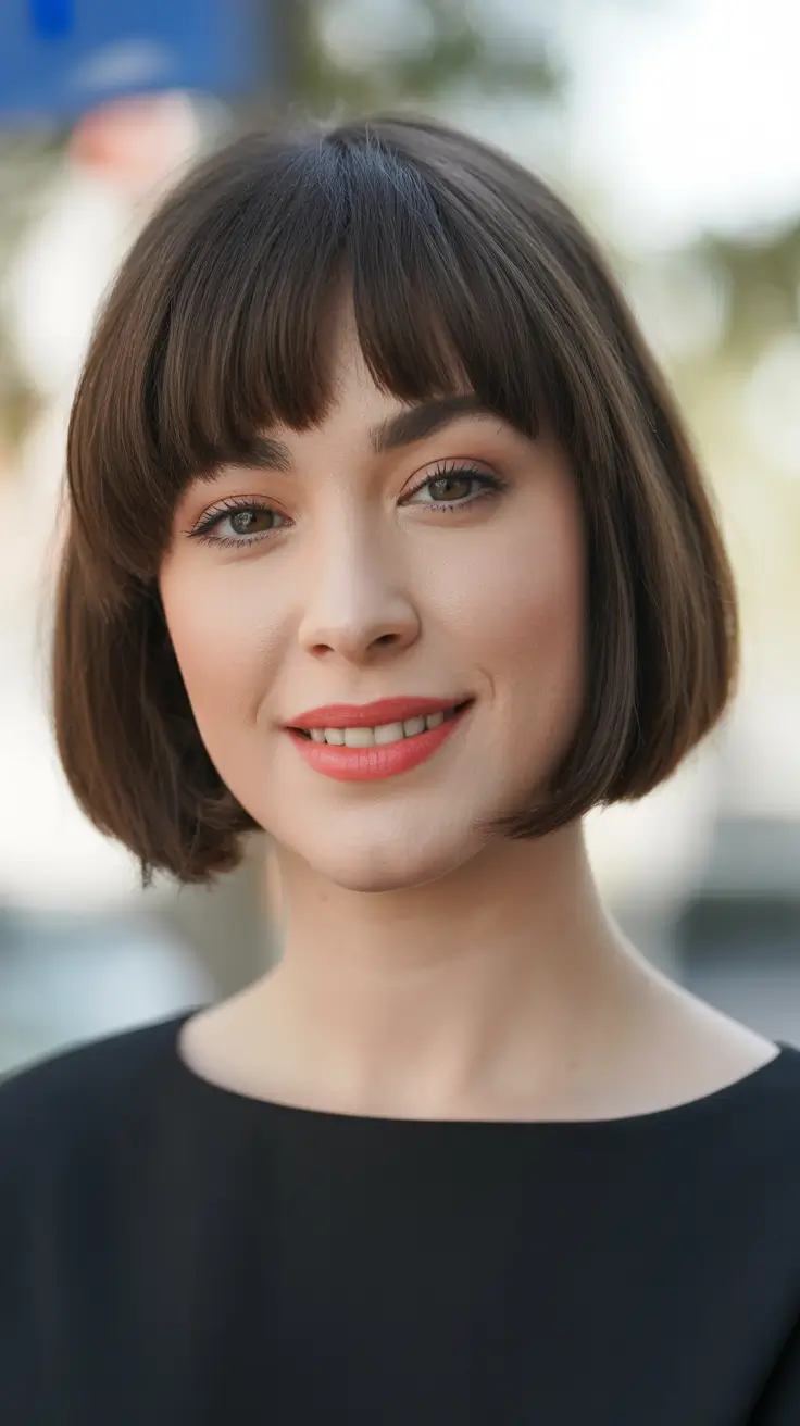 winter hair colors for brunettes 2026 Rounded Bob with Modern Fringe