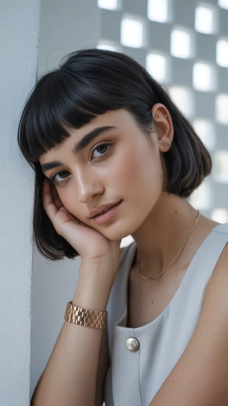 winter hair colors for brunettes 2026 Short Dark Cut with Playful Fringe