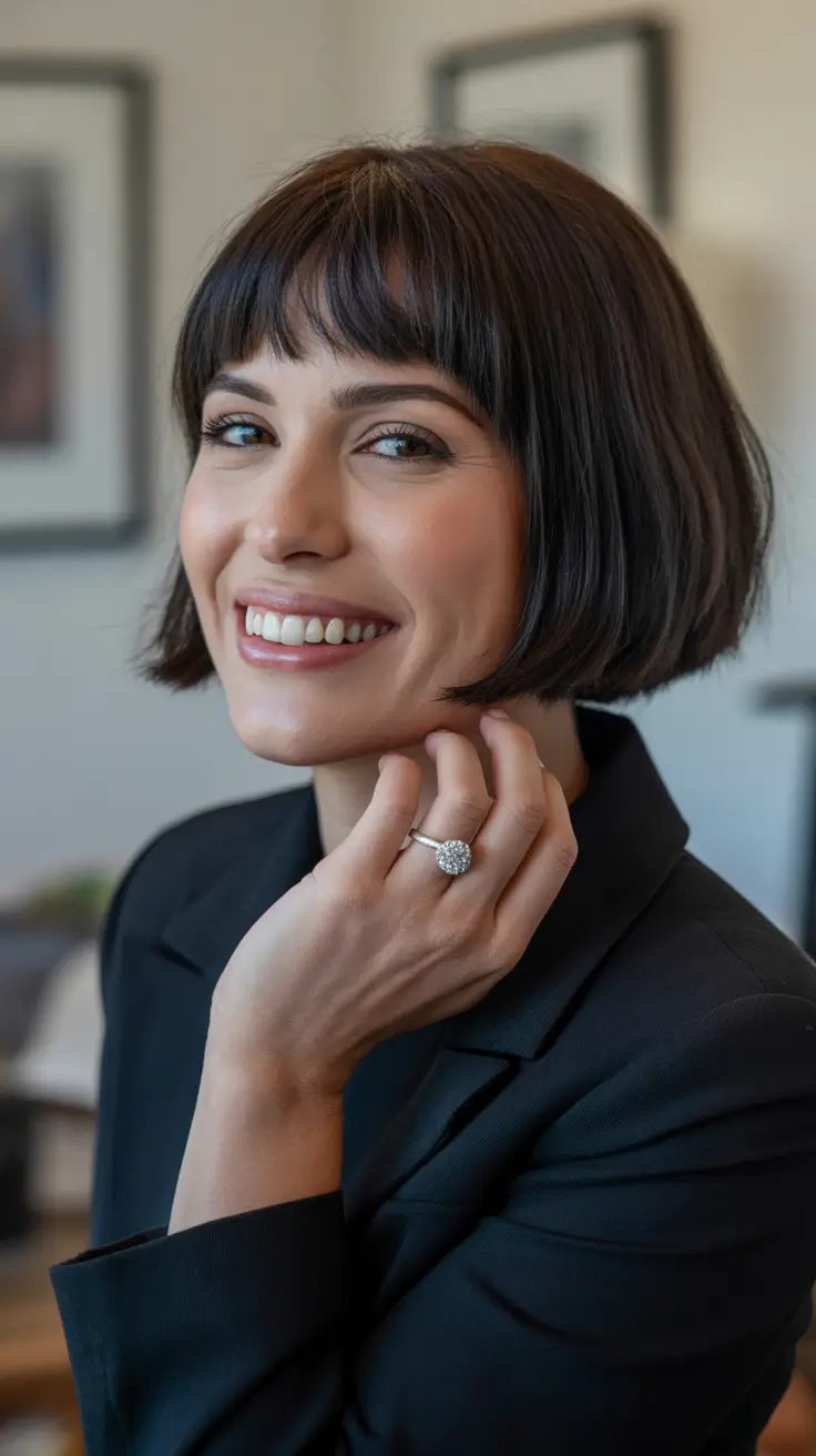 winter hair colors for brunettes 2026 Dark Chic with Effortless Bangs