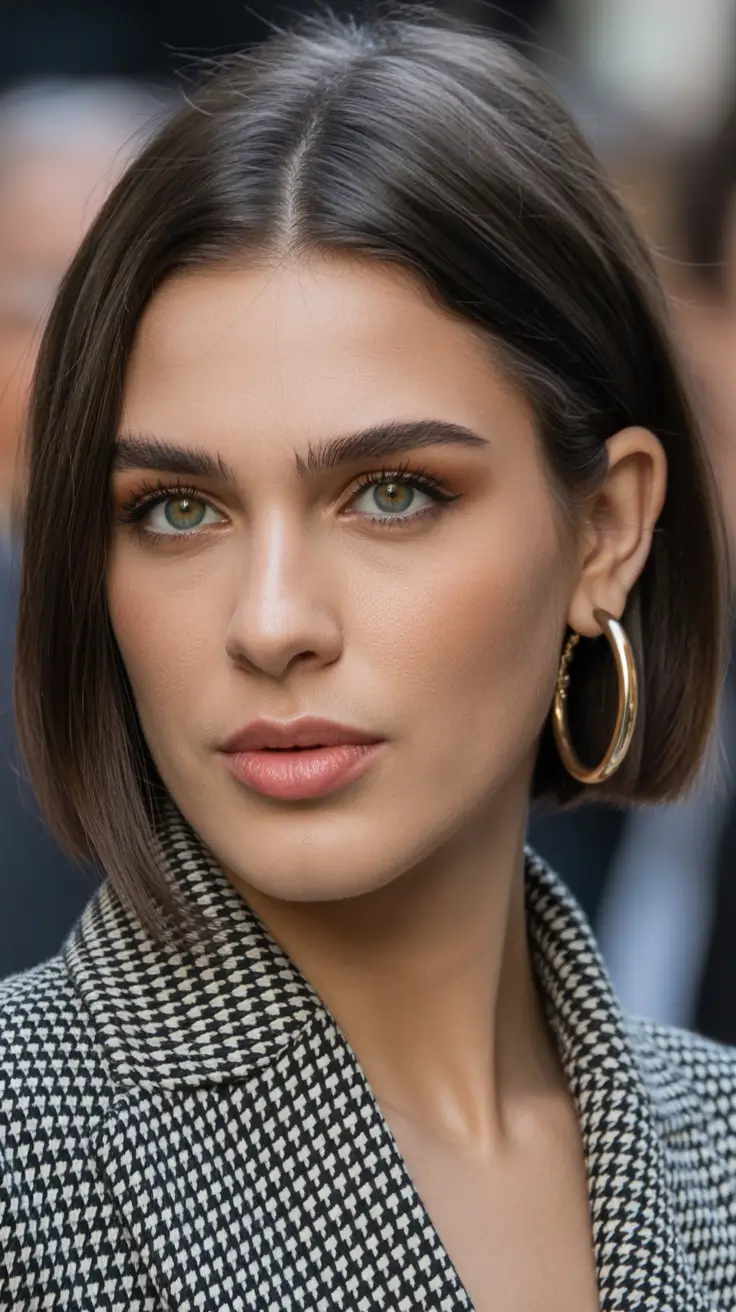 winter hair colors for brunettes 2026 Structured Brunette Bob with Golden Depth
