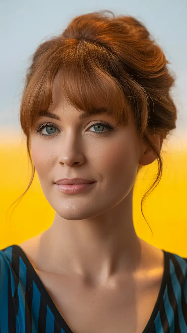 winter hair colors for pale skin Classic Cinnamon Updo with Warm Bangs
