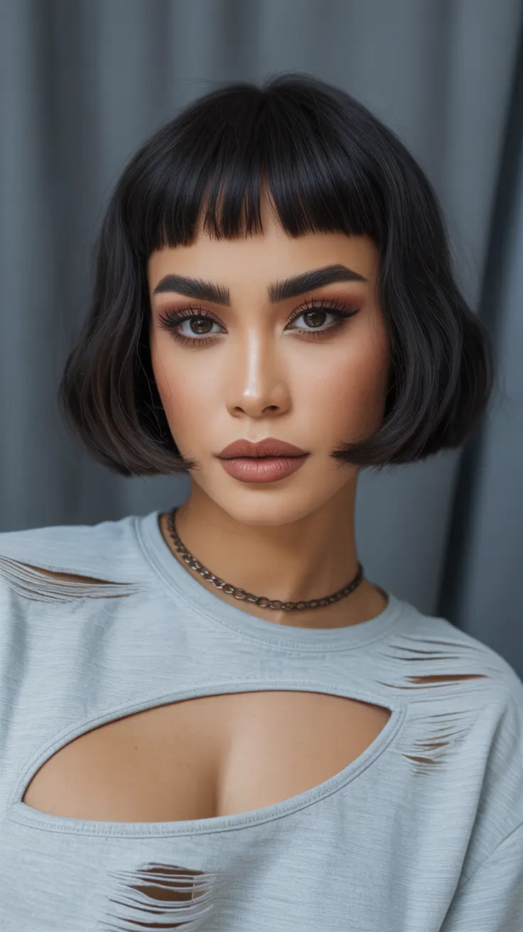 winter hair colors for short hair Chic Jet Black Bob with Baby Bangs
