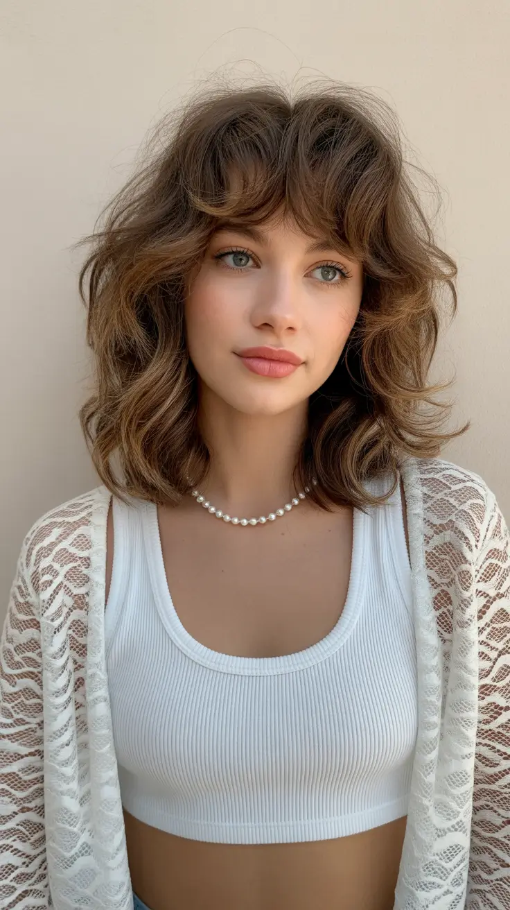 winter hair colors for brunettes 2026 Soft Mushroom Brown Layers with Curtain Bangs