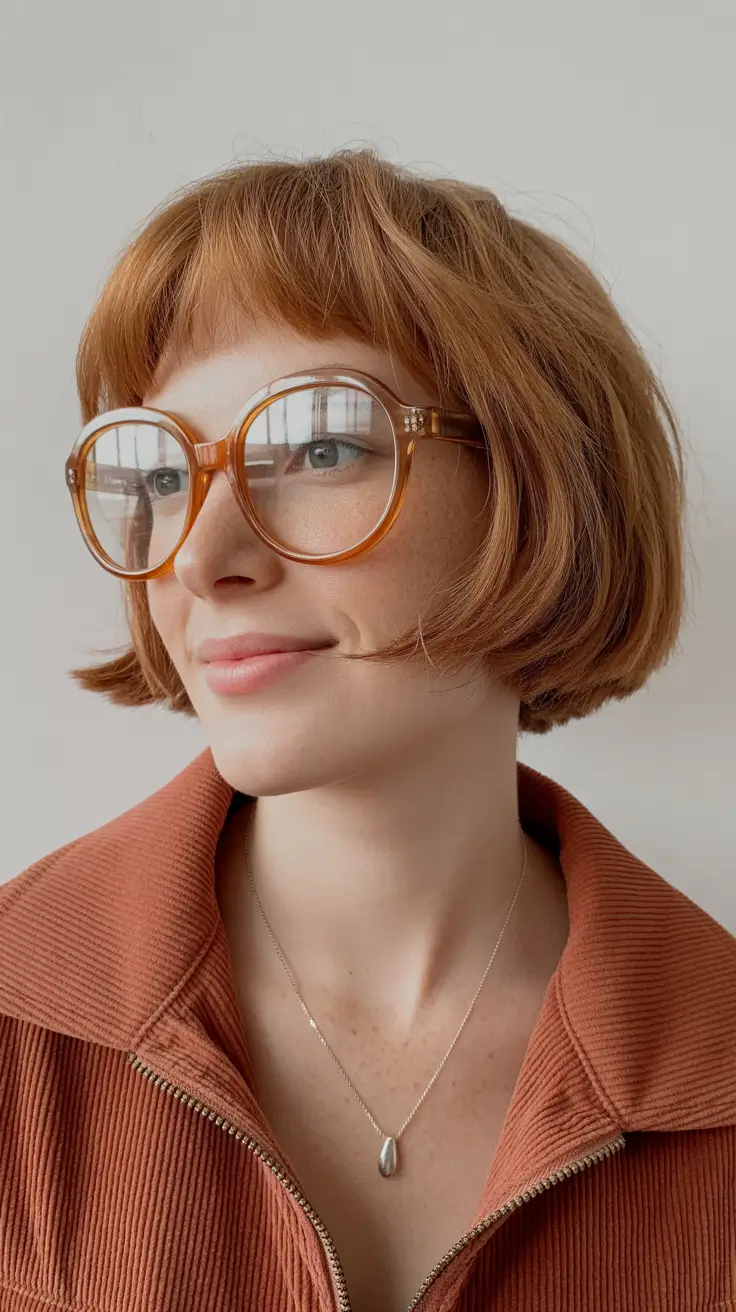 winter hair colors 2025 Cozy Copper Bob with Retro Glasses