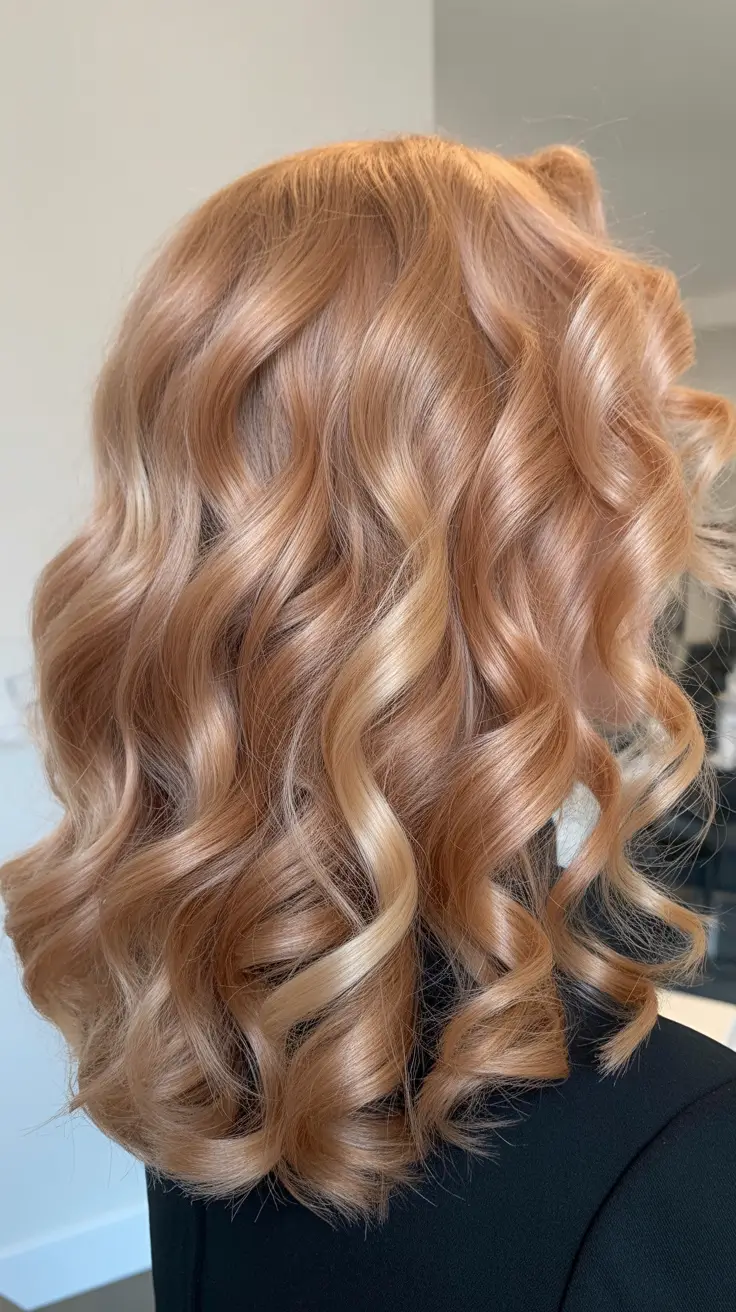 winter hair colors for blondes Champagne Blonde Curls with a Gloss Finish