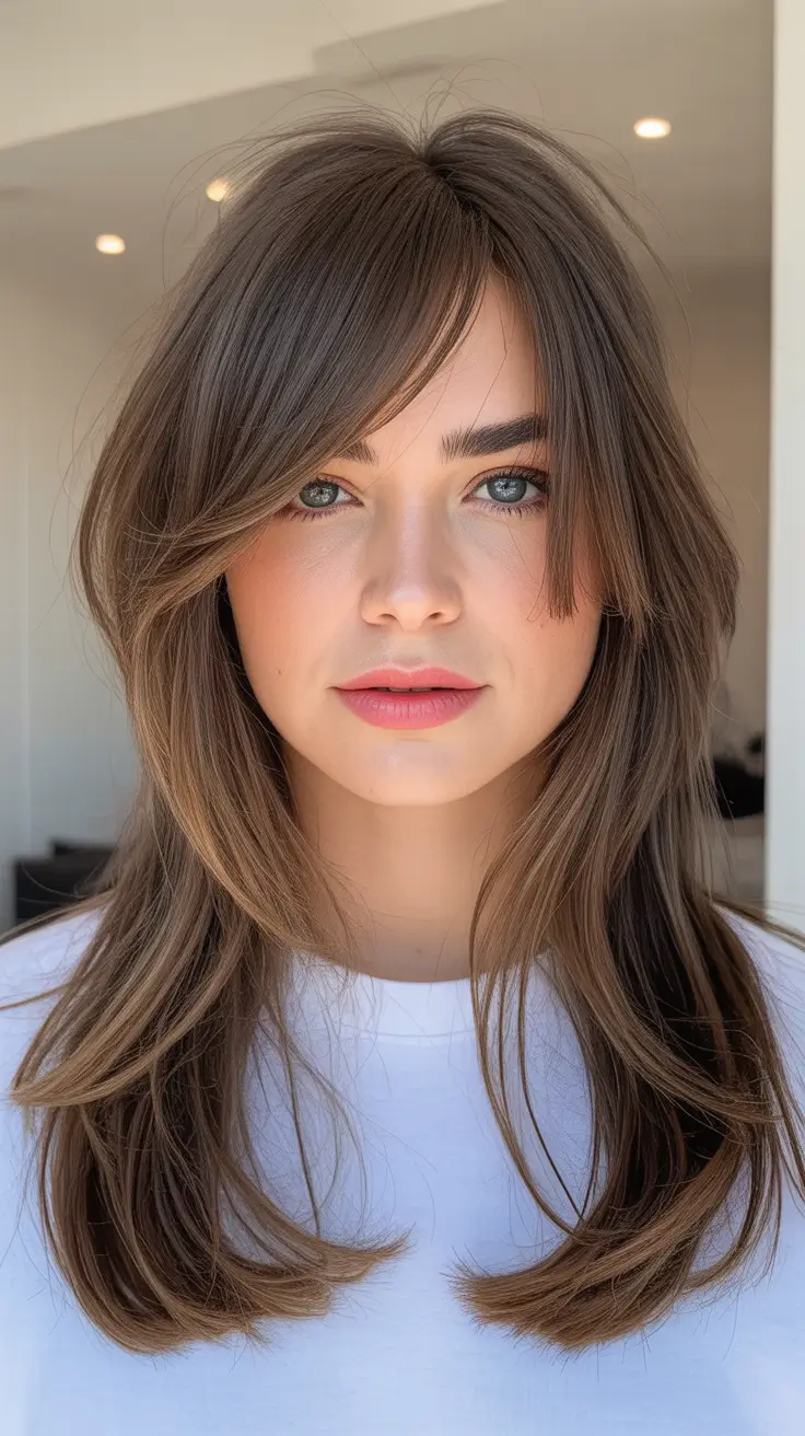 winter hair colors for brunettes Smoky Espresso Layers with Face-Framing Bangs