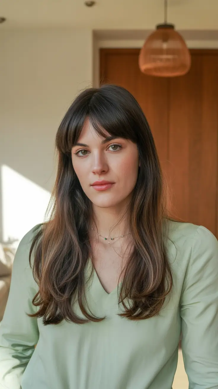 winter hair colors for brunettes short Chocolate Melt with Glossy Bangs