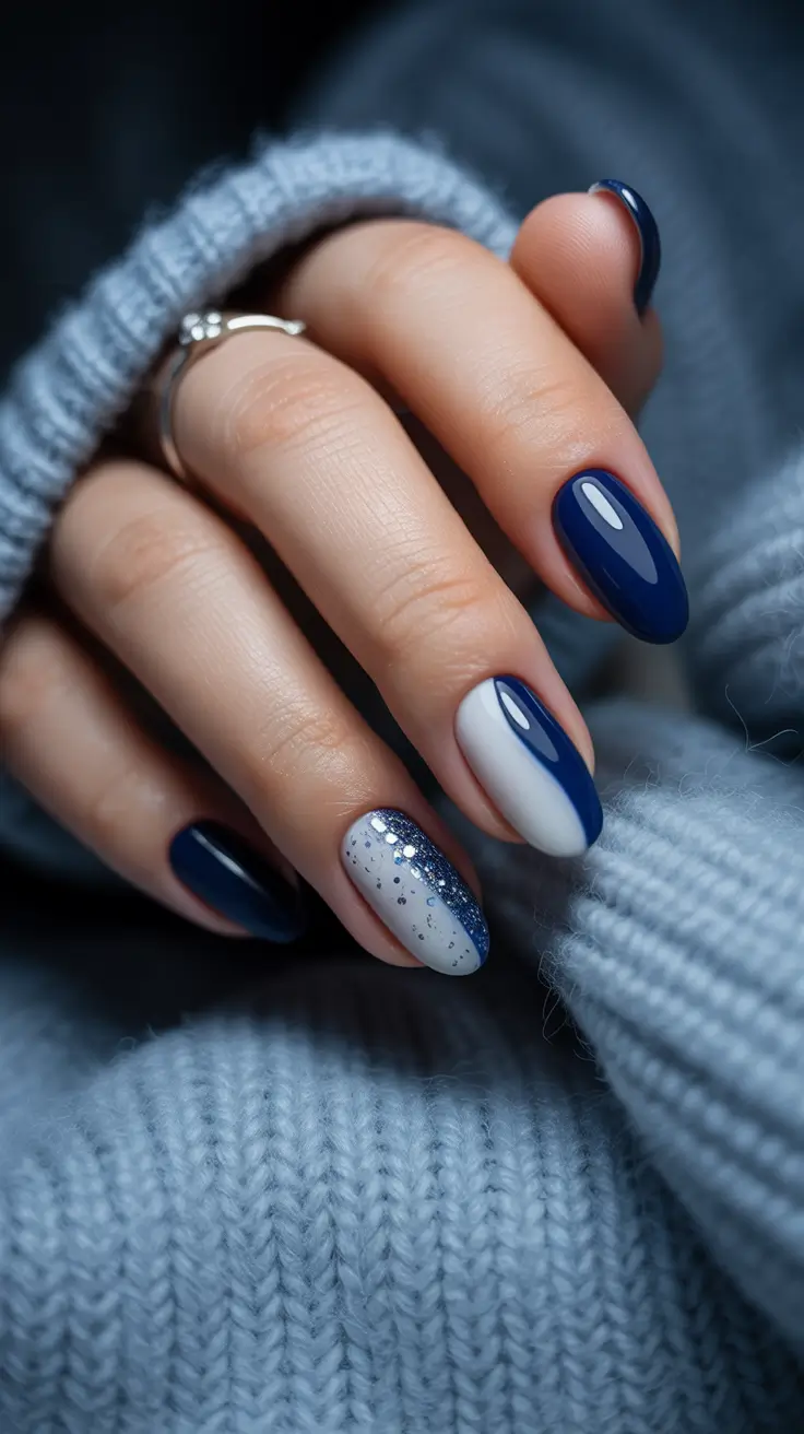 winter nails design blue Midnight Snowfall