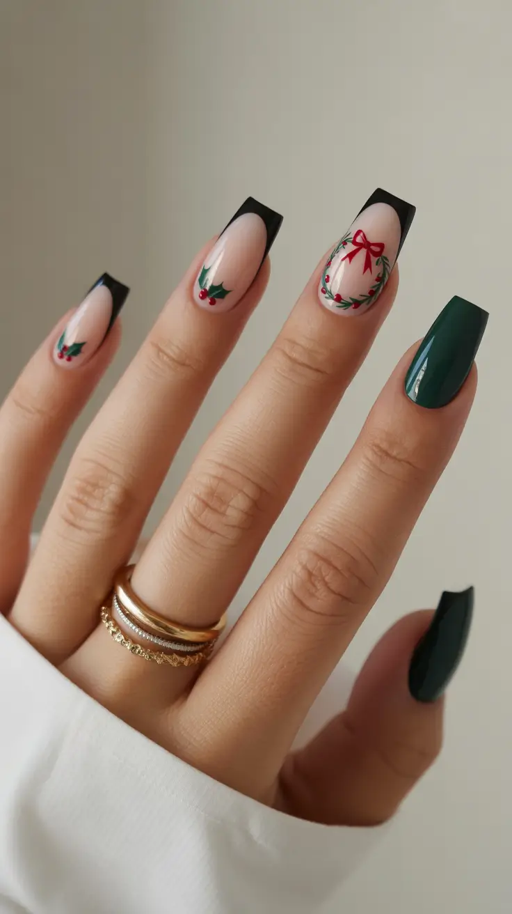 winter nails ideas 2025 2026 Holly Ribbon Tips