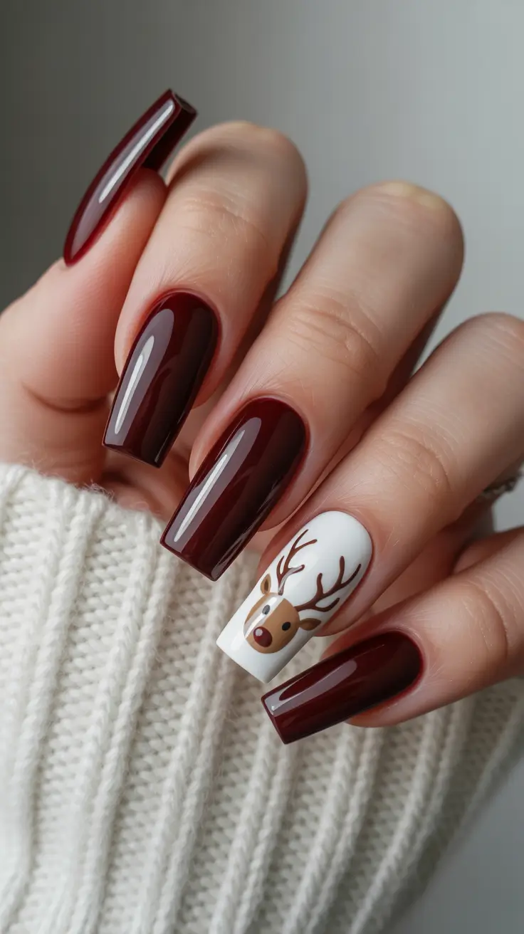 winter nails ideas 2025 2026 Berry Blush Reindeer