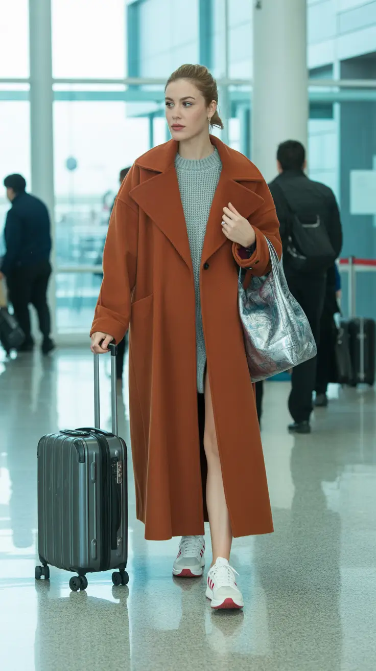 Comfortable Travel Outfits 2026 Rust Coat Elegance for Cooler Destinations