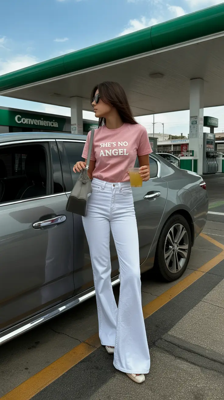 Comfortable Travel Outfits 2026 Retro Pink and White Road Trip Energy