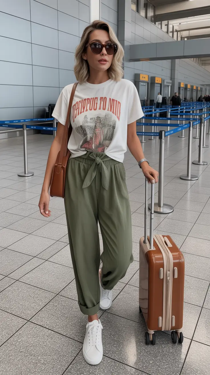 Comfortable Travel Outfits 2026 Graphic Tees and Earthy Greens