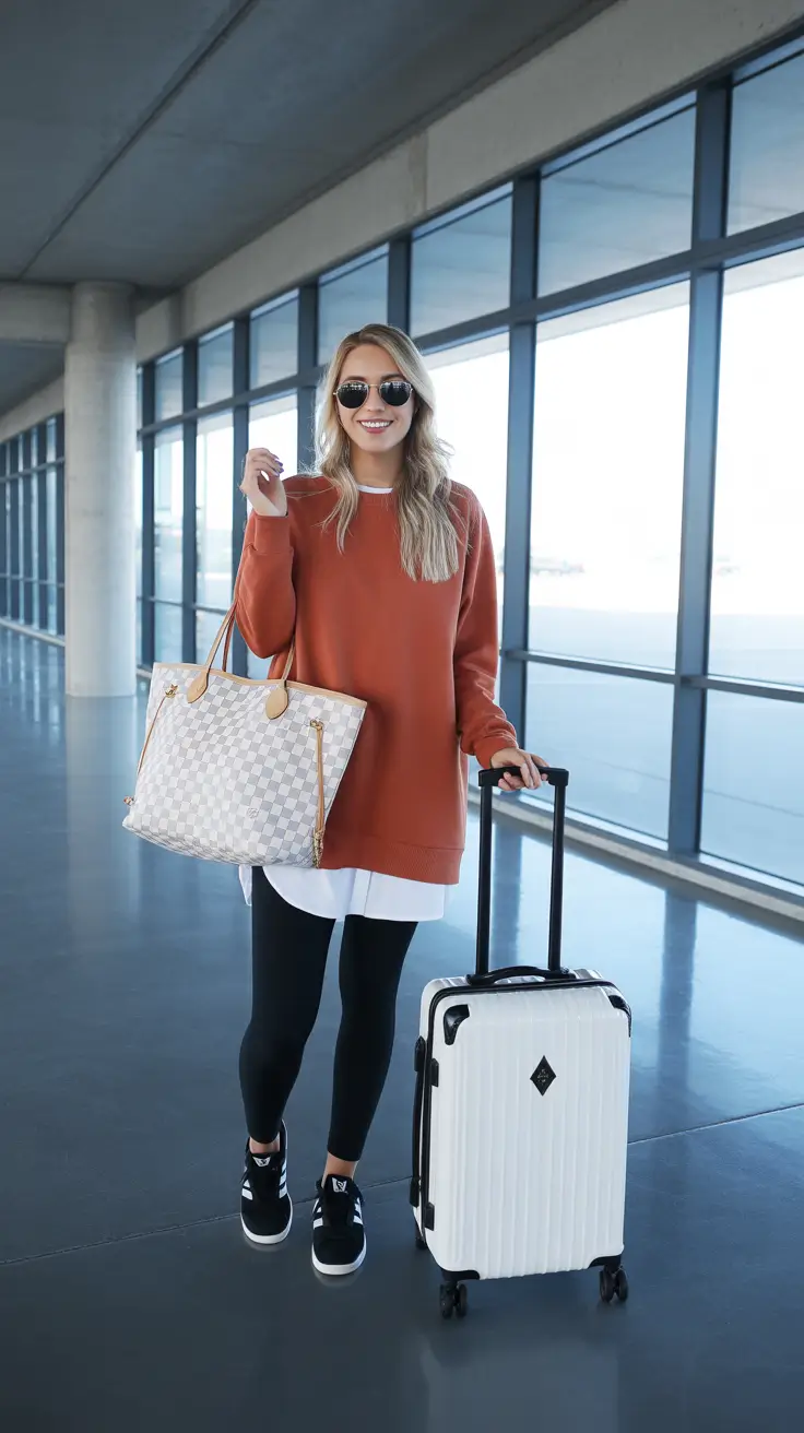 Comfortable Travel Outfits 2026 Warm Rust Layers for Cozy Transit Days