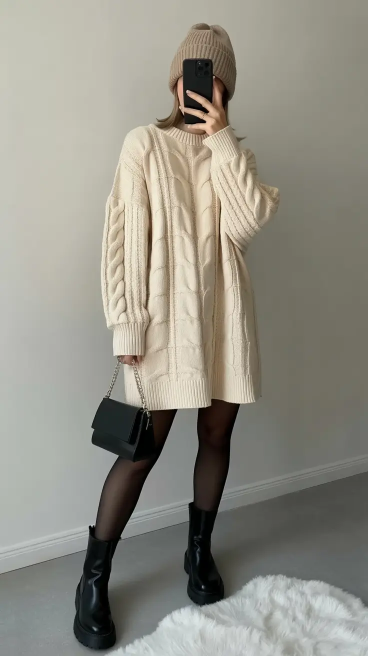 december outfits cozy Chunky Knit Dress and Edgy Boots