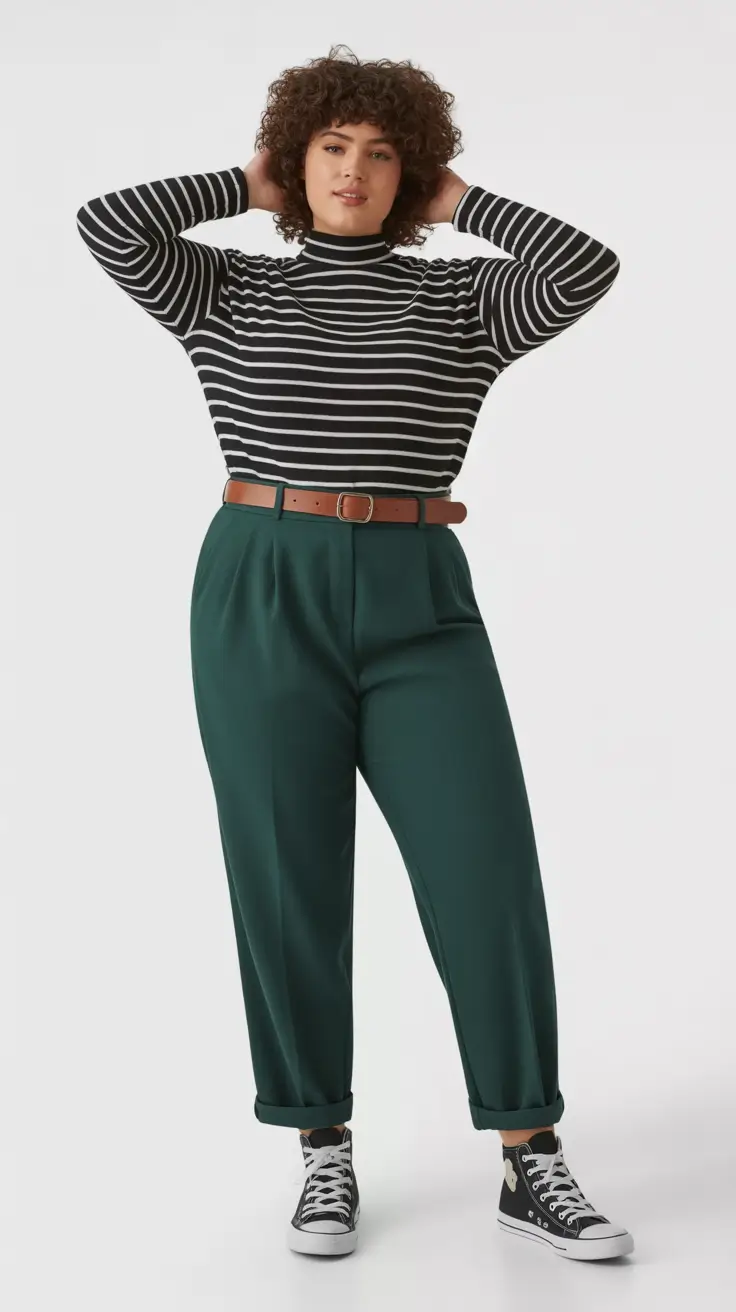 plus size outfits 2026 Parisian Stripes and Emerald Pants