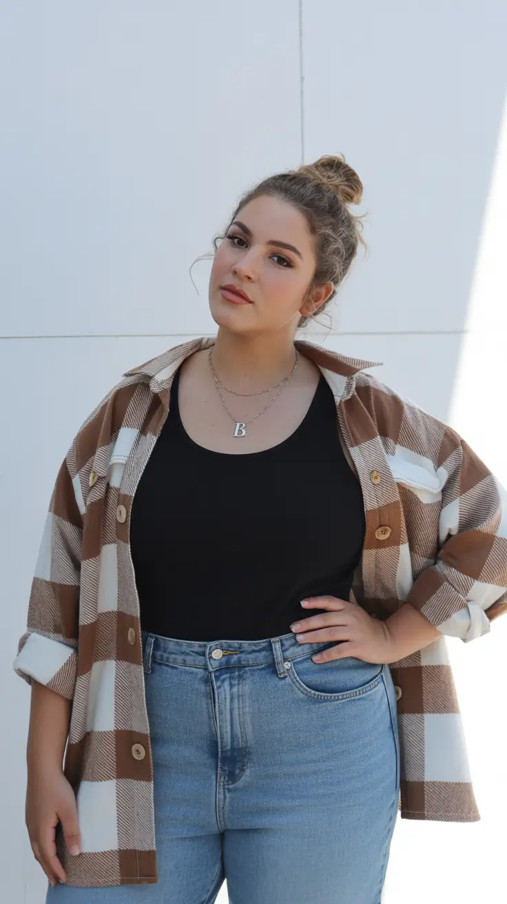 plus size outfits 2026 Cozy Check and Denim