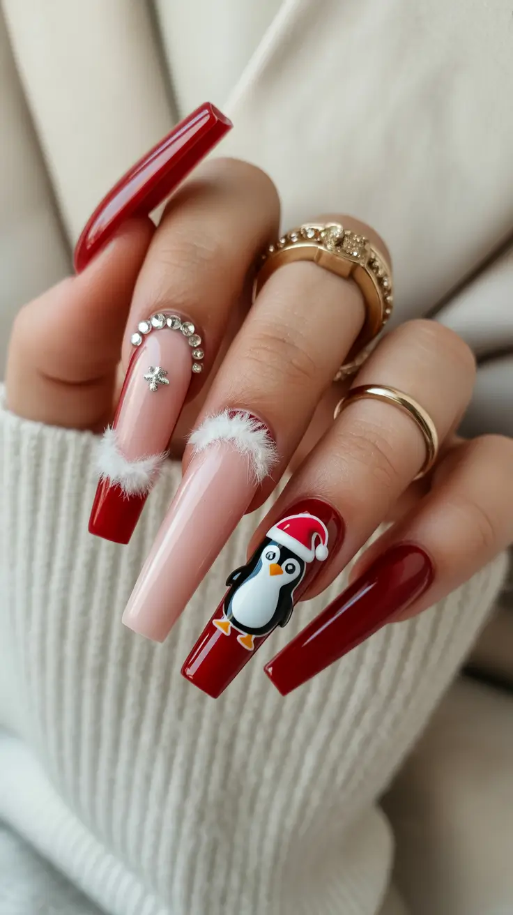 Fall Nail design December Chic Red Penguin Magic