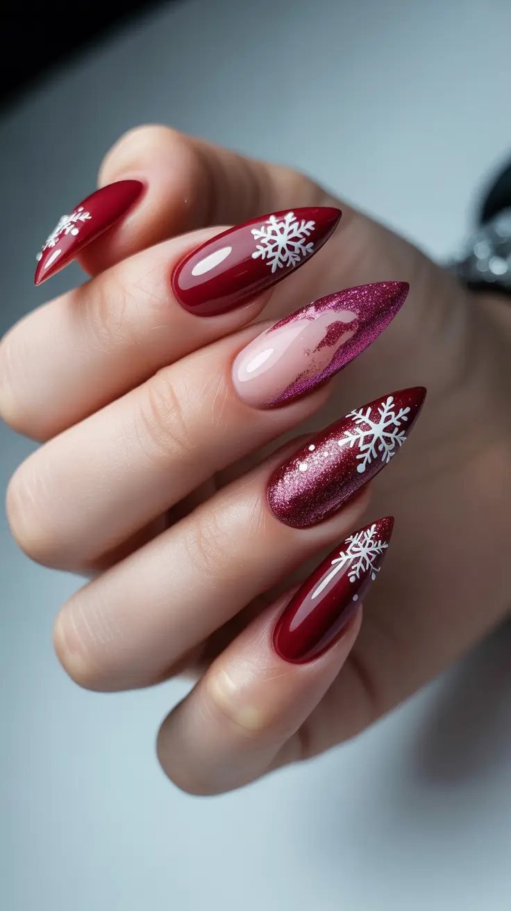 nail design for December Crimson Snowflakes
