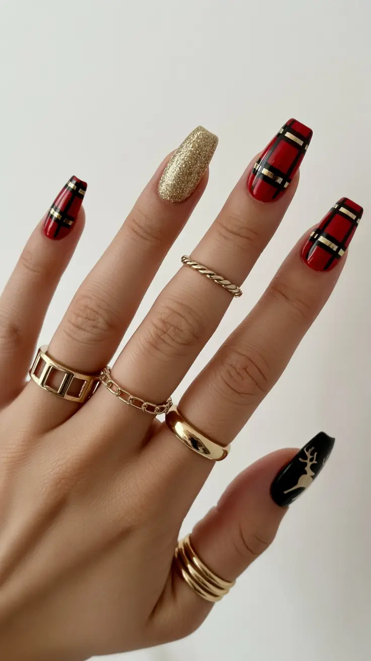 nail design December 2025 Glam Plaid and Golden Reindeer