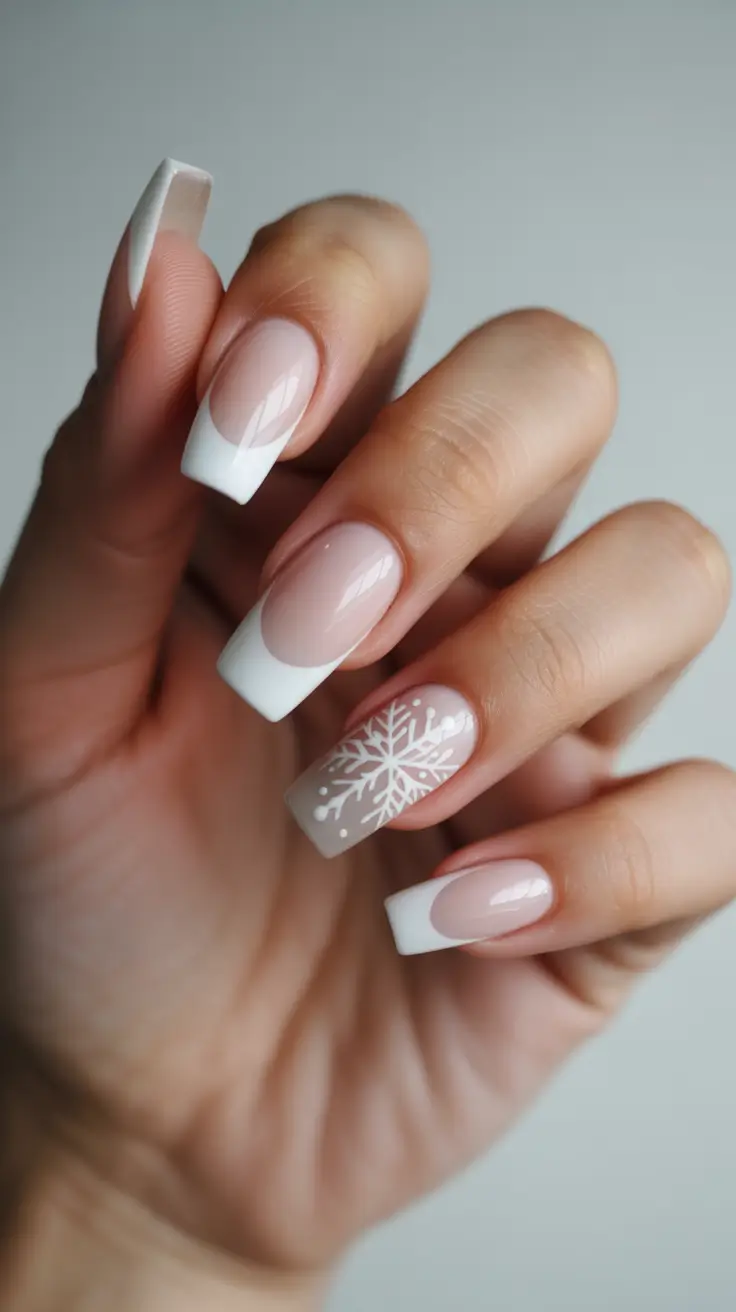 short nail design December Snowflake French Perfection