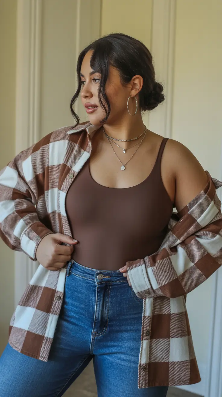 fashion curvy outfits for women 2026 chocolate tones and cozy checks
