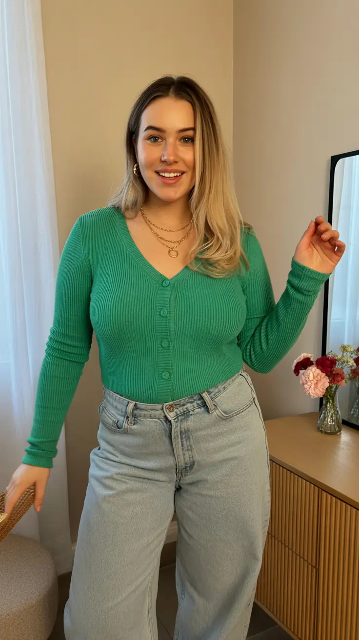 fashion curvy outfits for women 2026 fresh greens and denim days
