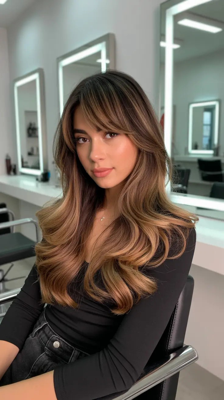 hair color 2026 Toffee Balayage With Curtain Bangs