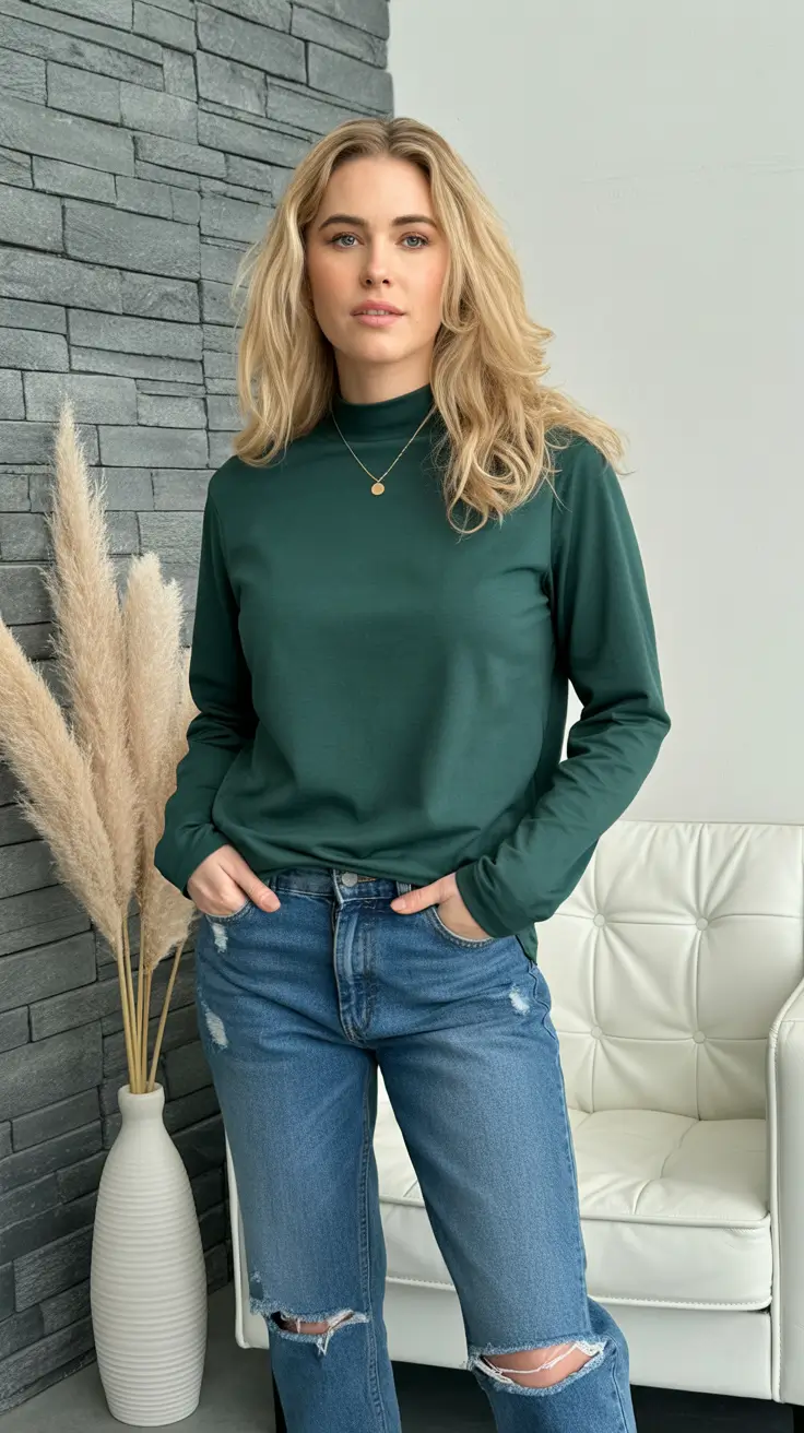 Modern mom outfits 2026 Emerald Calm and Denim Ease