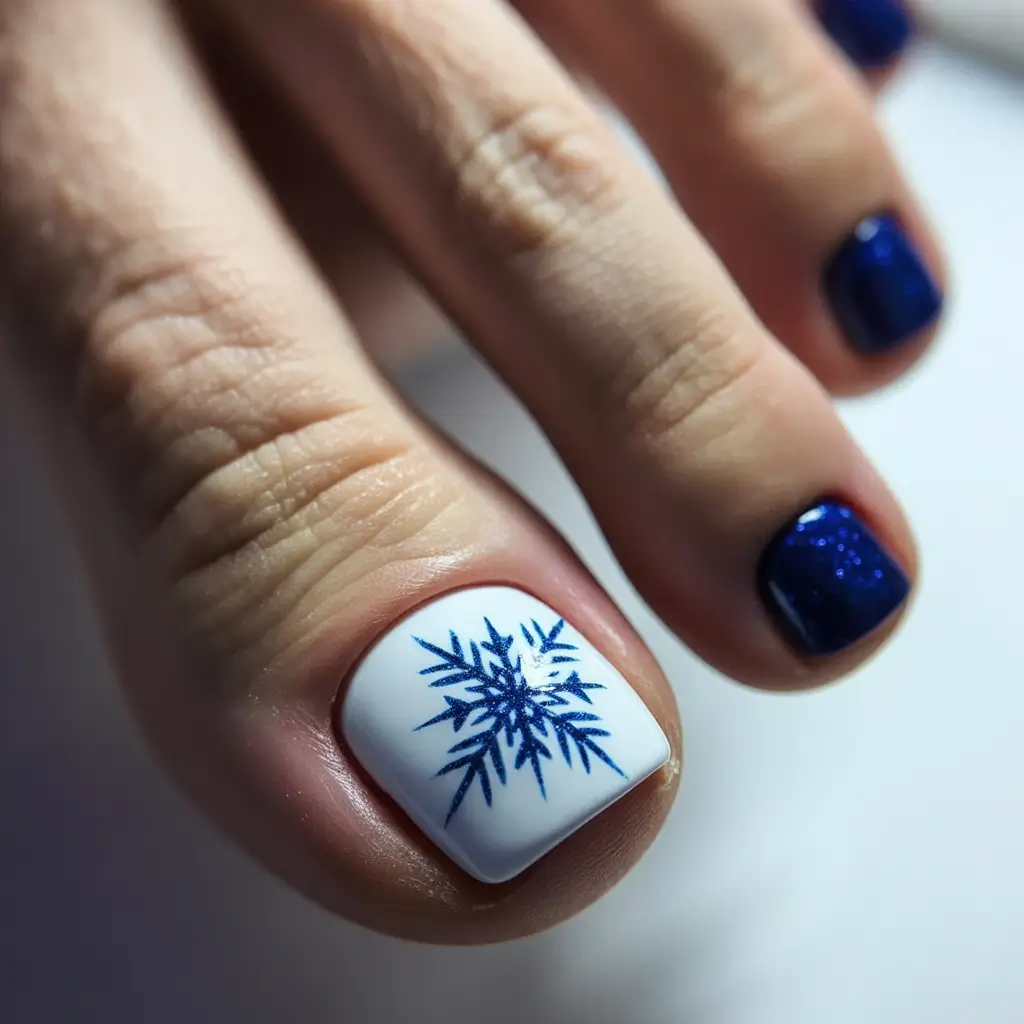 Snowflake Blues Winter Toe Nails 2025