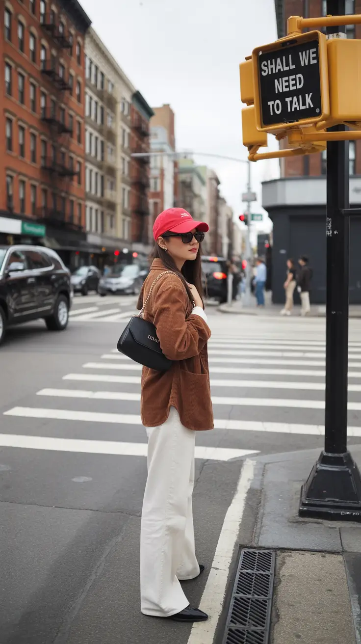 new york outfits casual Soft Neutrals with a Pop of Red: Weekend Comfort Meets City Cool
