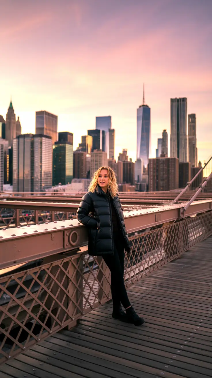 new york outfits winter cold weather Black Puffer at Sunset: Practical and Powerful