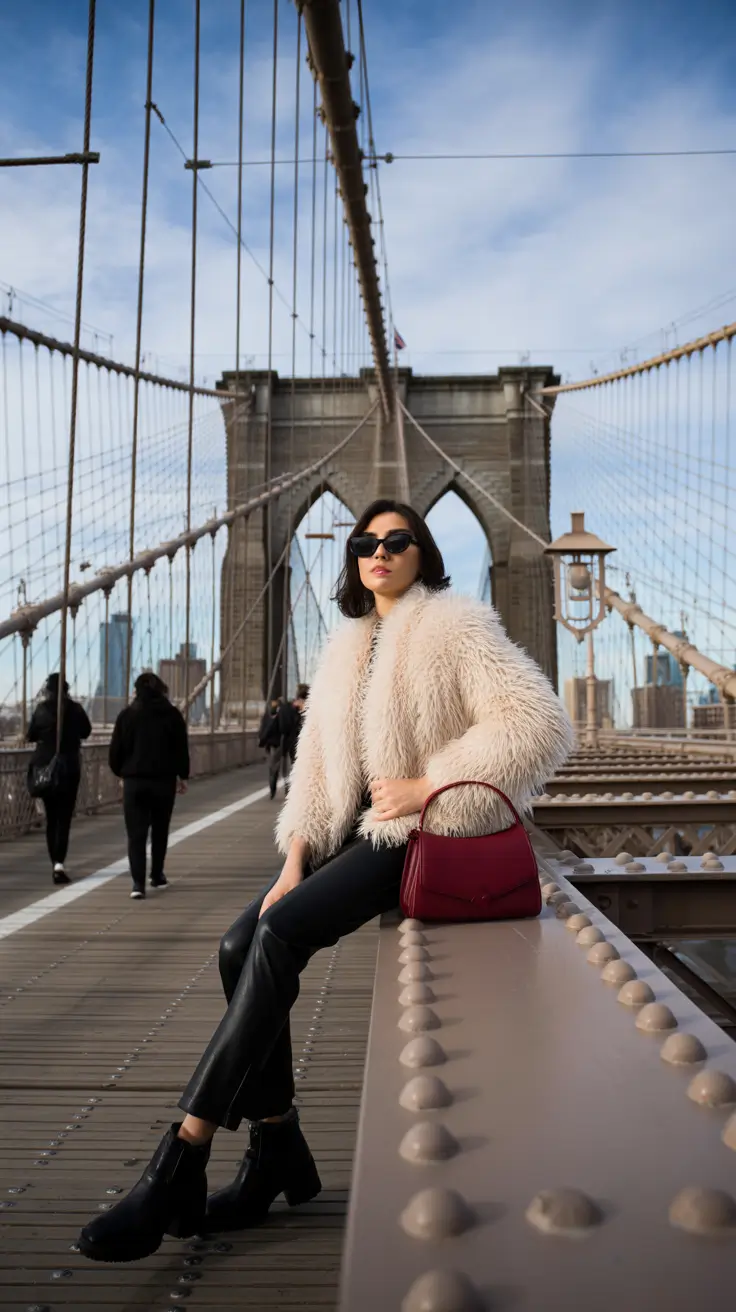 new york outfits christmas Faux Fur and Leather: Winter Cool with a Pop of Red