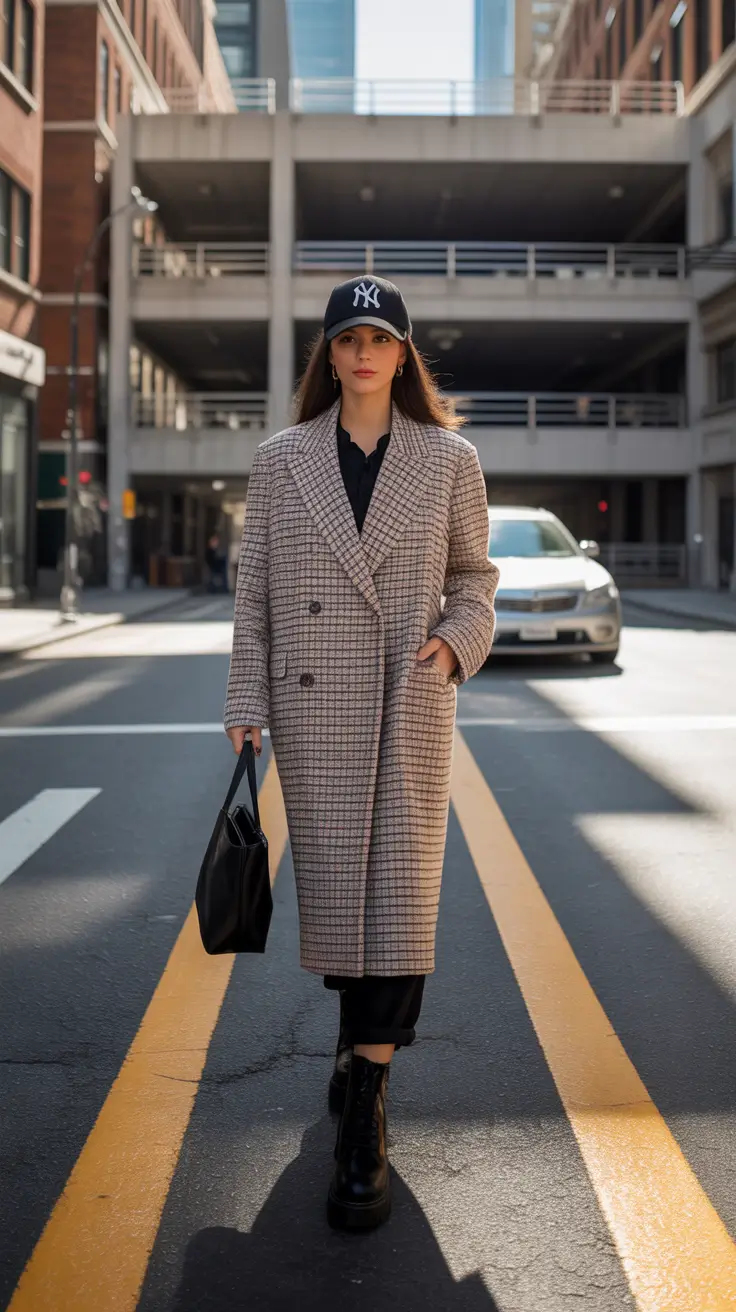 new york outfits fall City Chic with a Checkered Coat and Baseball Cap