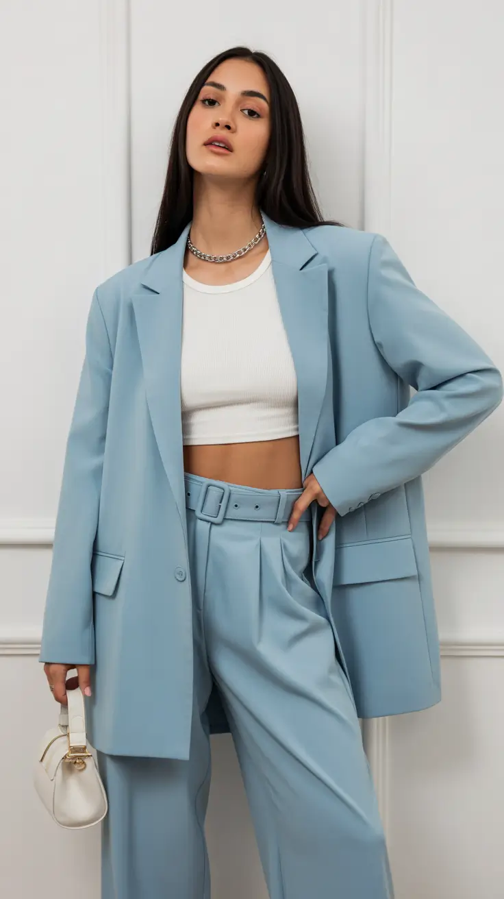 office outfits women Powder Blue Power Suit