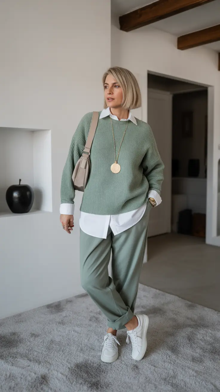 outfits for women over 50 spring Minty Layers of Comfort