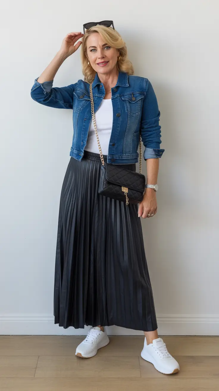 outfits for women over 50 2026 Denim and Pleats Classic with a Twist