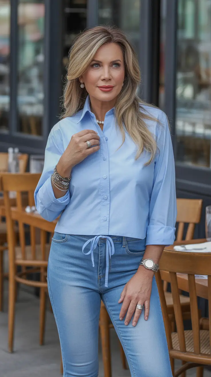 outfits for women over 50 spring Soft Blue Confidence
