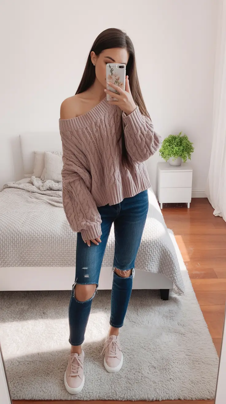 Stylish sweater outfits 2026 Off-Shoulder Softness