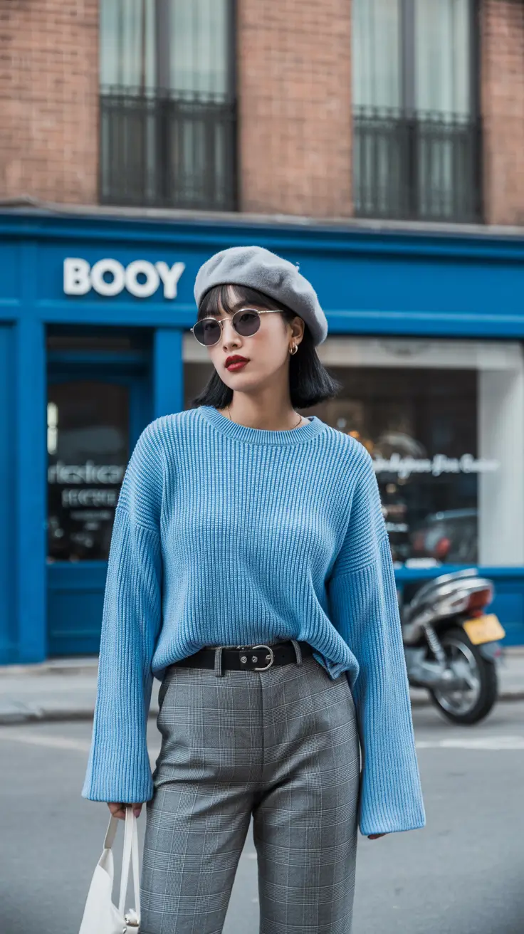 fashion outfits 2026 trends fall Parisian Blue Knit & Gray Plaid Harmony