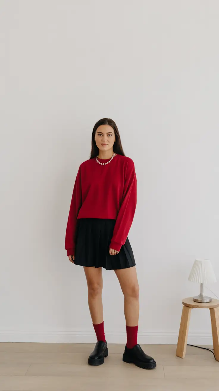 fashion outfits 2026 trends fall Cherry Red & Black Pleats Revival