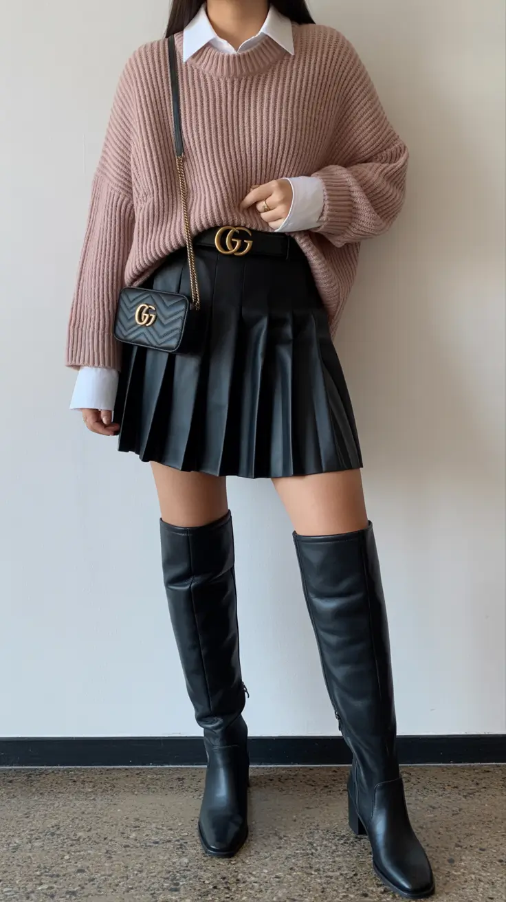 Trendy skirt outfits 2026 Preppy Edge: Leather Pleats and Knit Comfort