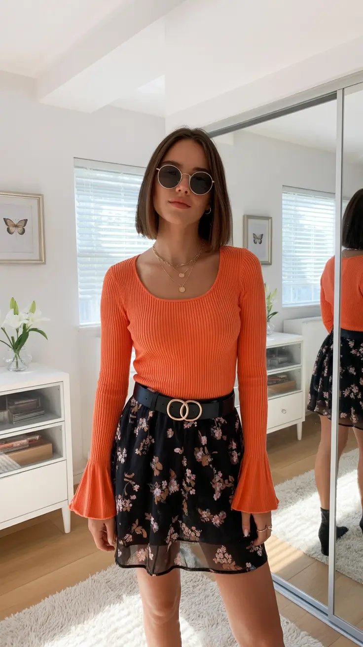 Trendy skirt outfits 2026 Playful Florals with a Pop of Orange