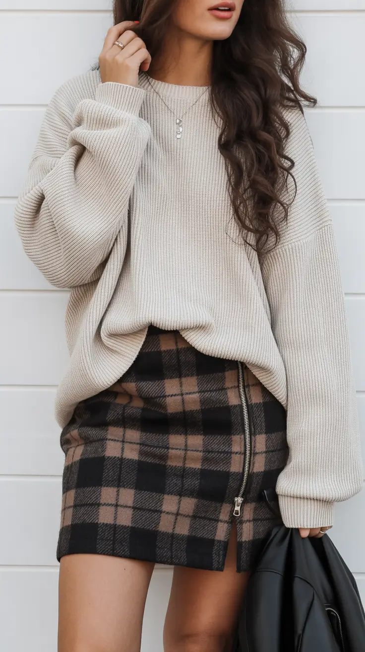 Trendy skirt outfits 2026 Neutral Layers and Plaid Warmth