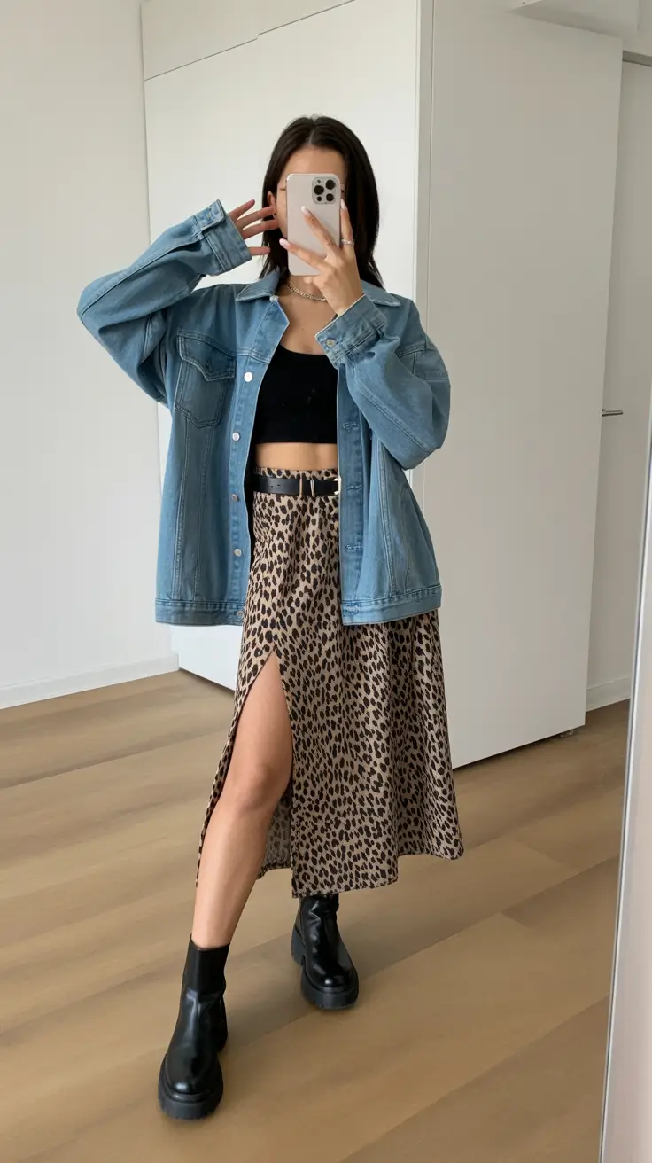 Trendy skirt outfits 2026 Effortless Cool: Denim Layers and Leopard Flow
