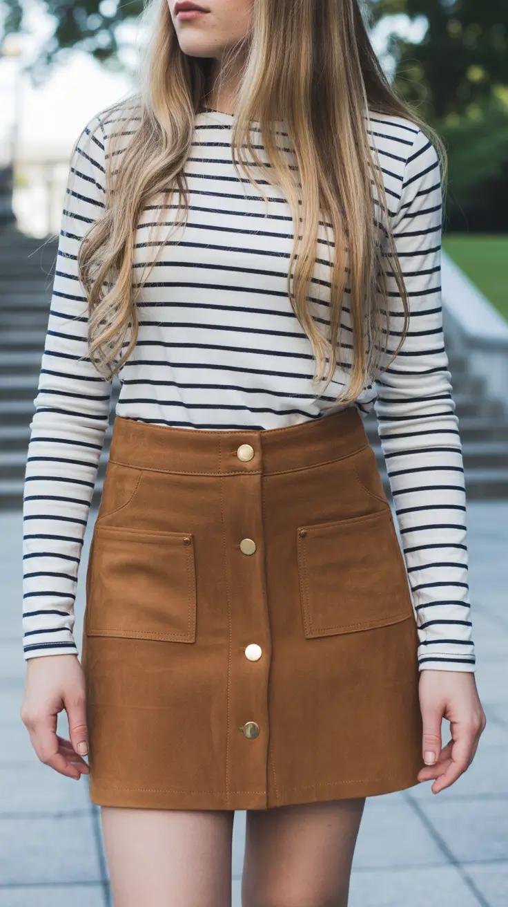 Trendy skirt outfits 2026 Timeless Stripes and Suede Charm