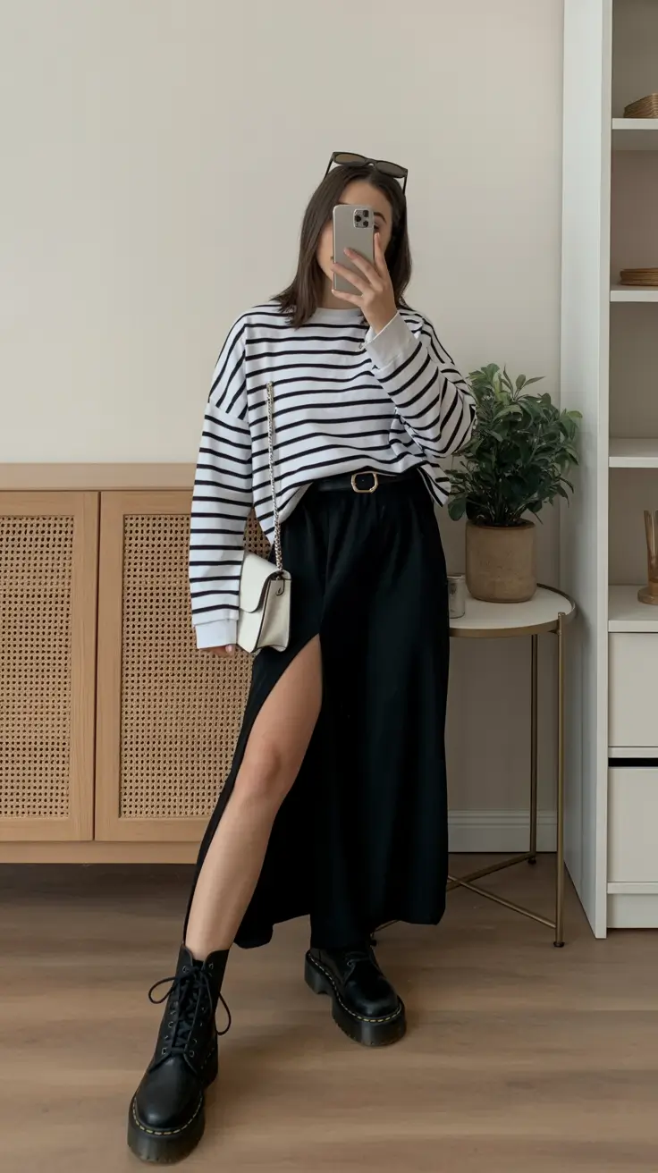 Trendy skirt outfits 2026 Parisian Stripes and Black Maxi Cool