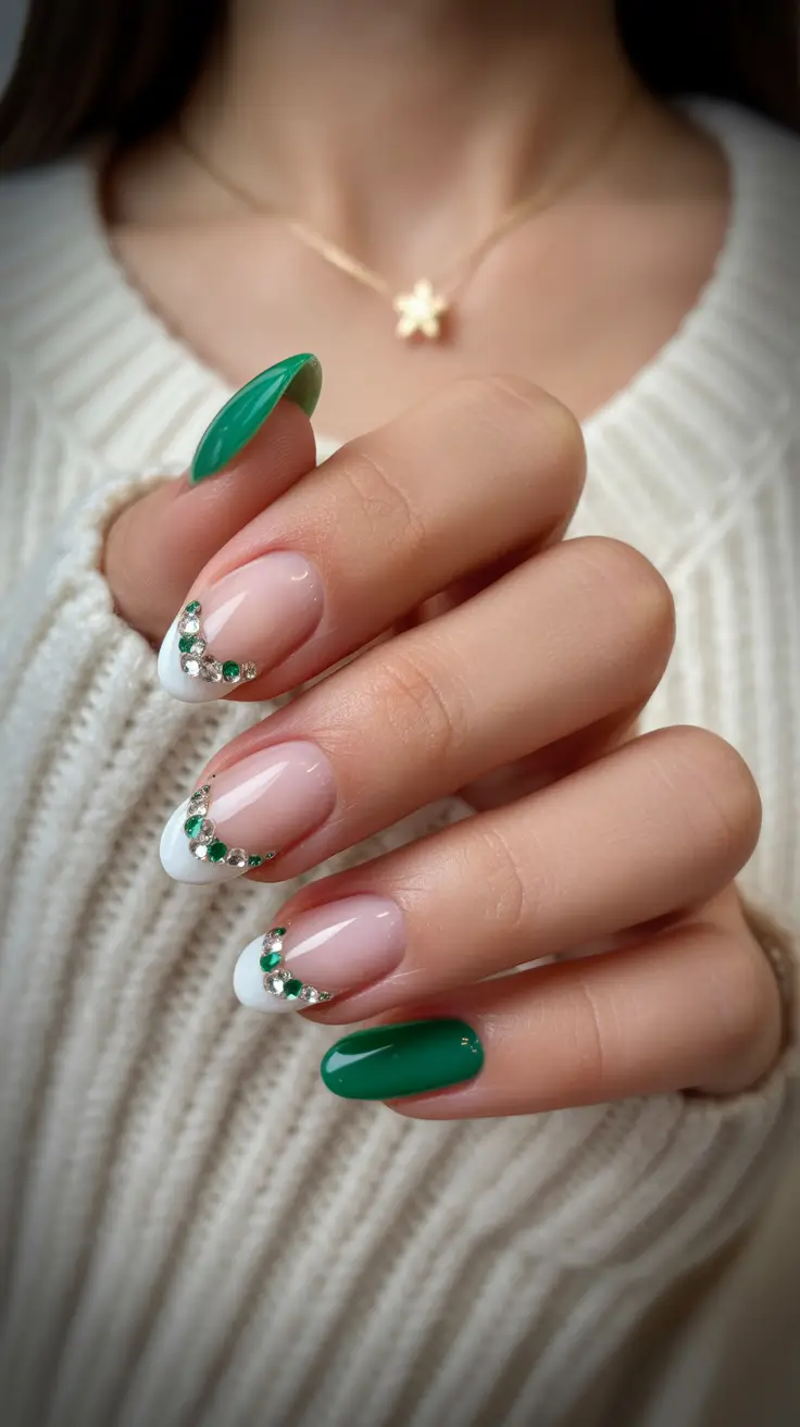 Trendy Winter Nail Colors 2025-2026 Emerald French with Gem Accents