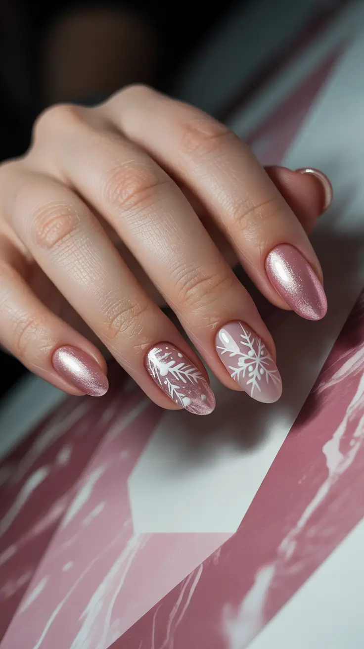Trendy Winter Nail Colors 2025-2026 Rosy Frost with White Snow Ferns