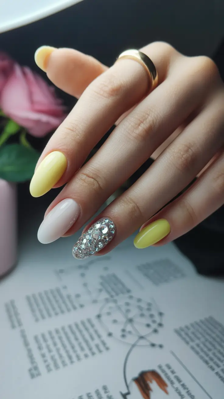 acrylic nail designs 2026 Soft Lemon Glow With Crystal Drama